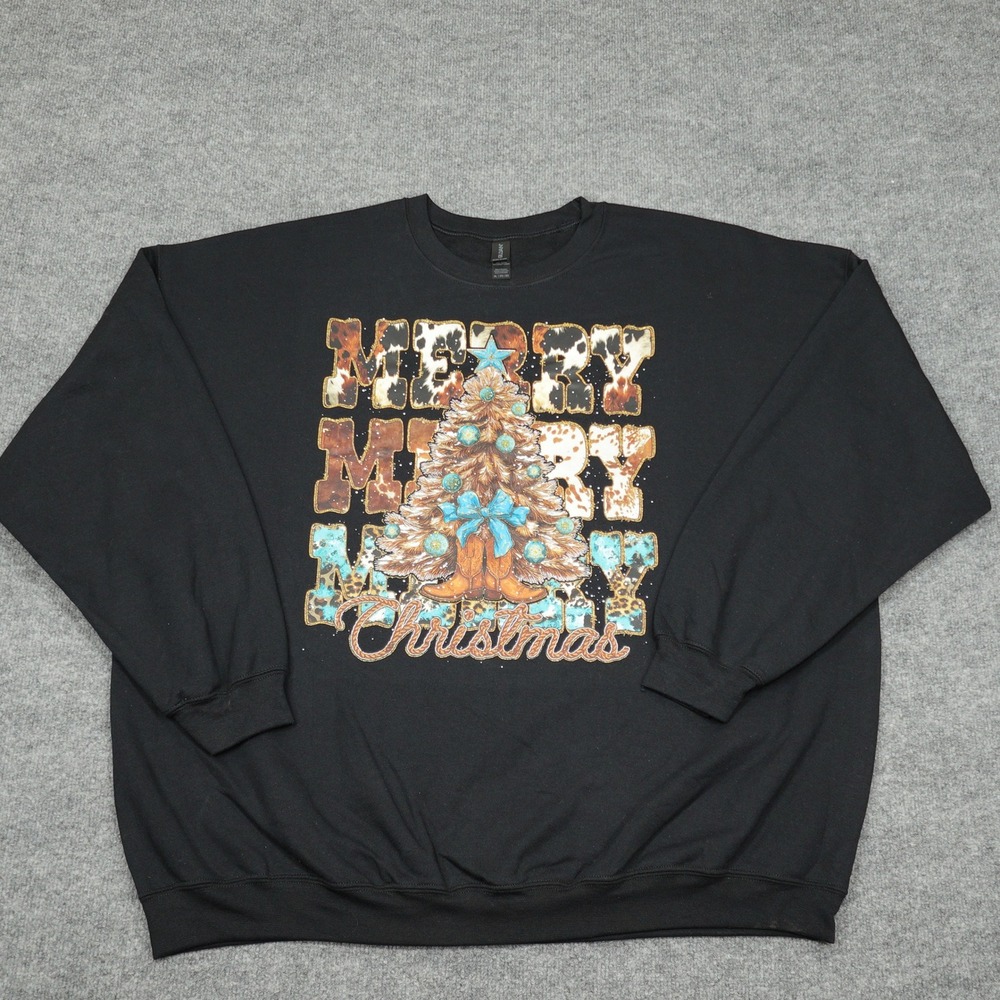 Gildan Sweatshirt Women 3XL Black Western Cow Print Merry Christmas Graphic